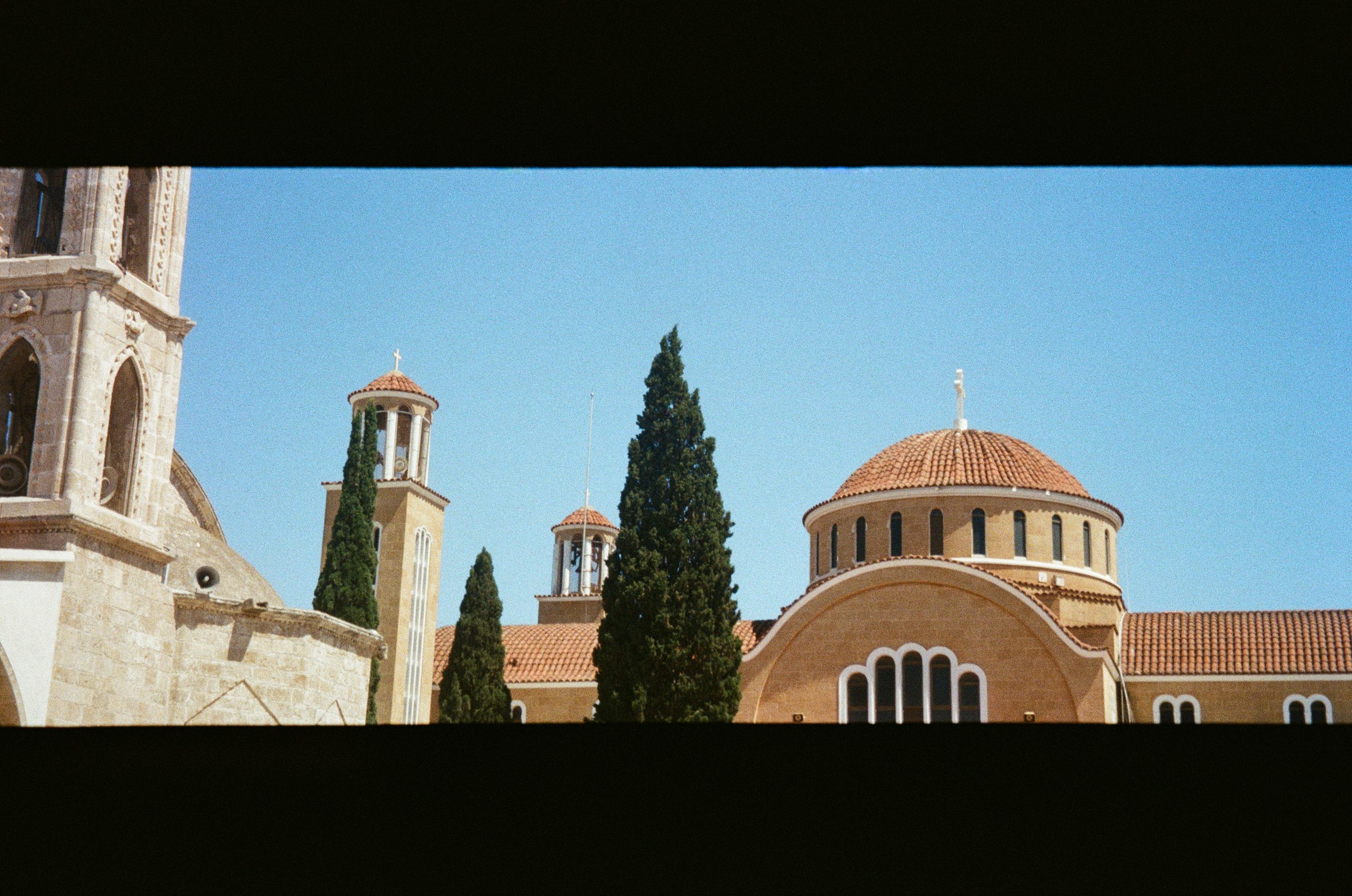 A cathedral dome and cypress trees, shot in panoramic film crop